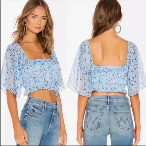 Tularosa Rosie Top Cropped Blouse Carolina Blue Floral Coastal Tropical size L - Picture 3 of 11